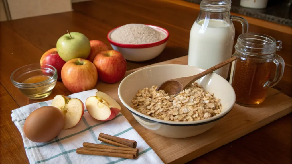 Apple oatmeal bake ingredients laid out on a wooden kitchen counter, including oats, apples, cinnamon, milk, and honey