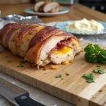 A crispy bacon-wrapped stuffed chicken breast on a wooden cutting board