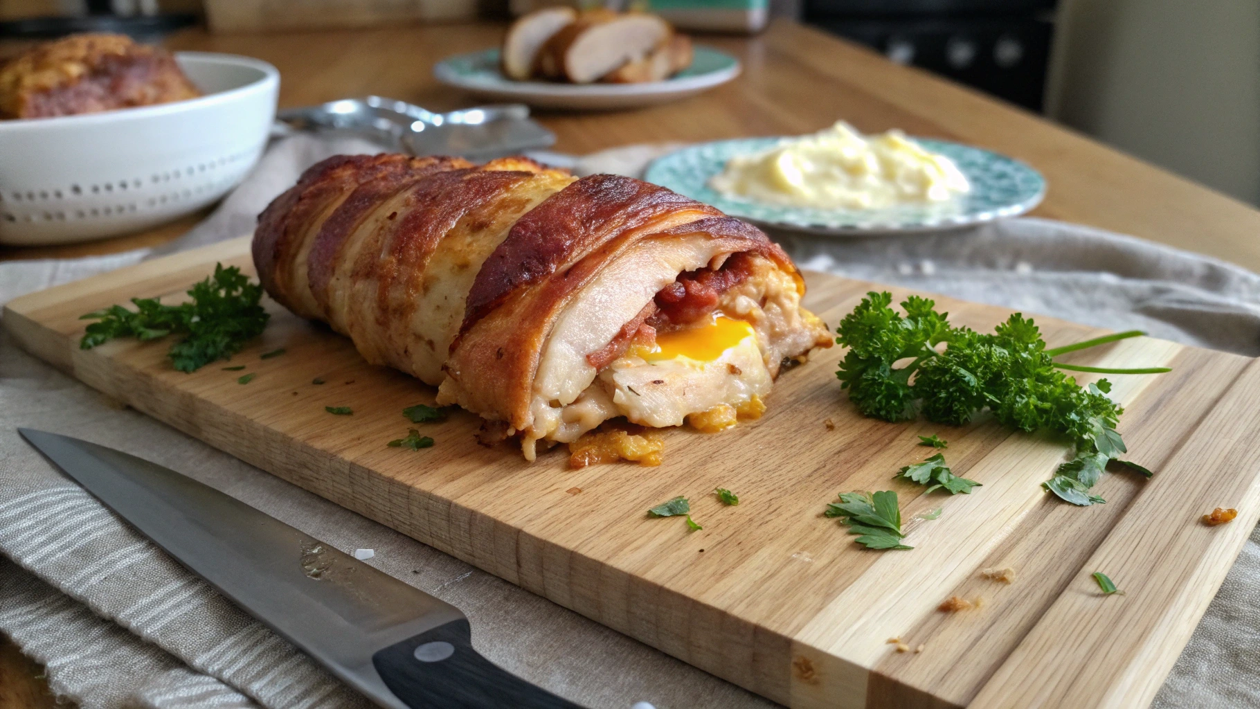 A crispy bacon-wrapped stuffed chicken breast on a wooden cutting board