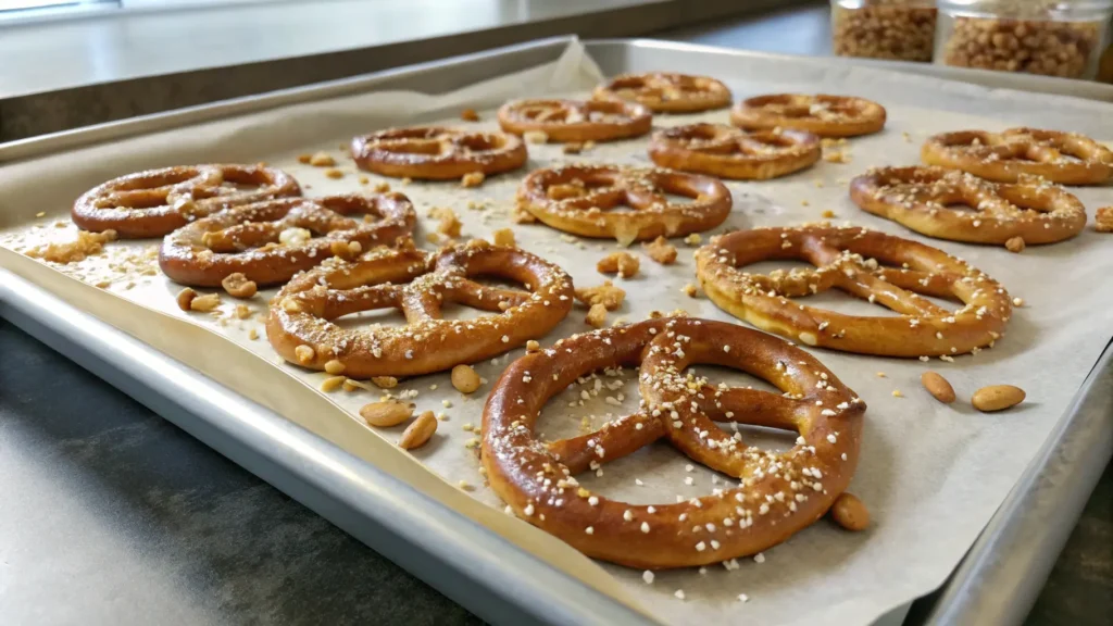 A tray of freshly baked butter toffee pretzels cooling on parchment paper, glistening with a caramelized glaze