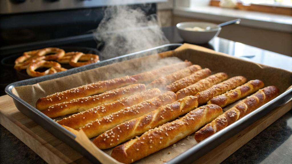 Golden pretzel sticks fresh out of the oven, sprinkled with coarse salt and brushed with butter.