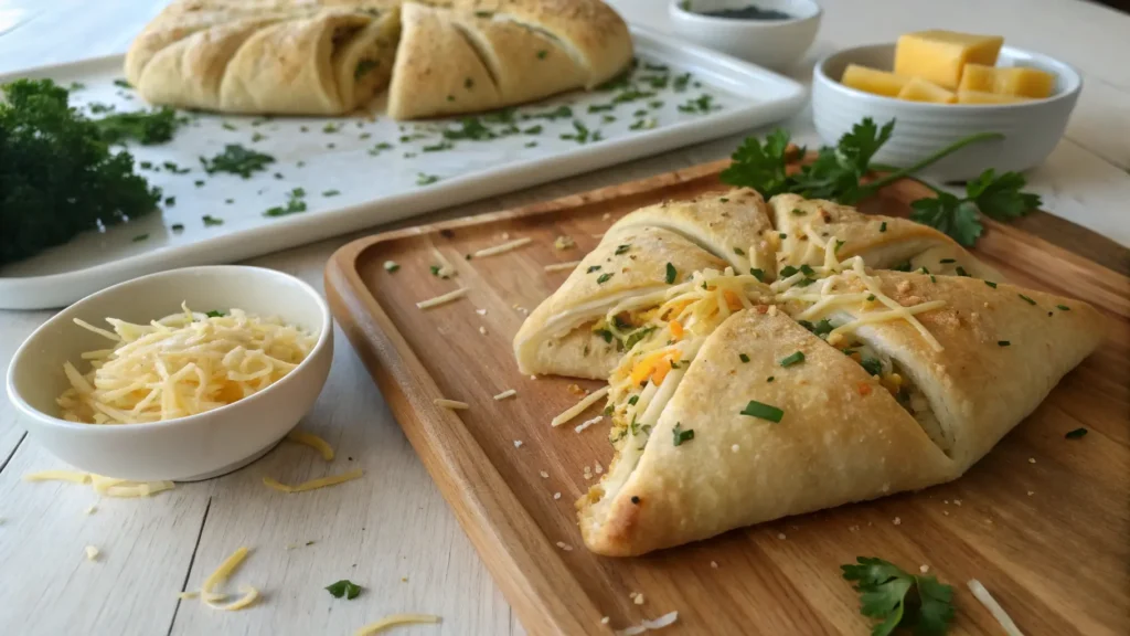 Crescent roll dough filled with shredded cheese and fresh herbs, ready to be rolled.