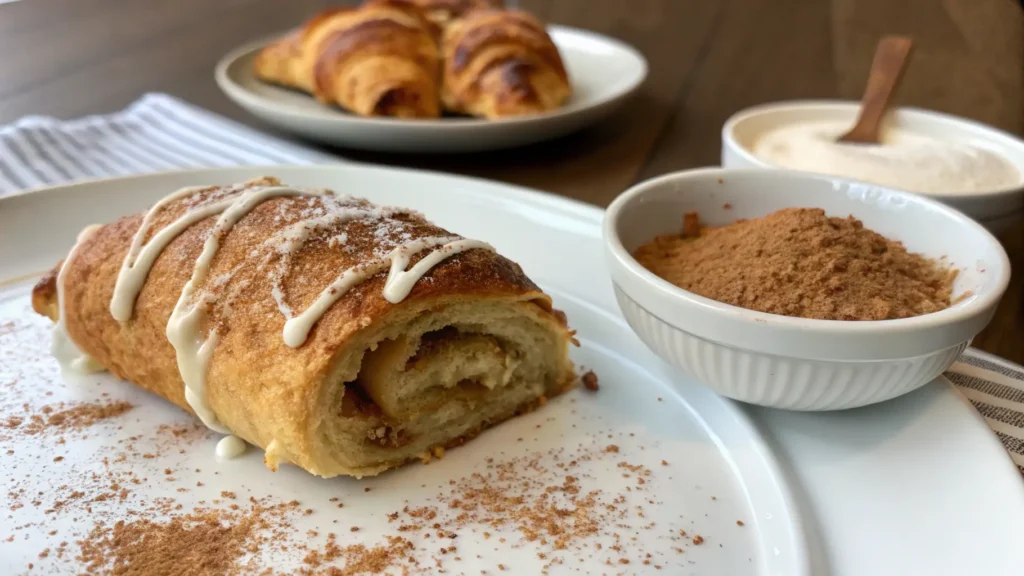 A cinnamon Crescent Rolls in Airfryer with icing drizzle, served warm on a white plate
