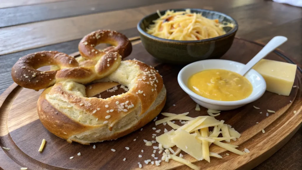 A Mickey Mouse pretzel dusted with cinnamon sugar and drizzled with icing, served with cream cheese dip