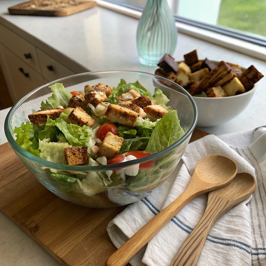 Prepared Nancy Salade in a glass bowl with tofu and vinaigrette.