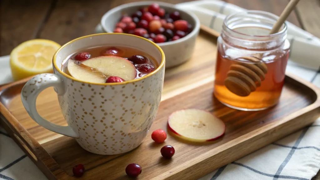 A cup of cranberry ginger detox tea with floating ginger slices and whole cranberries