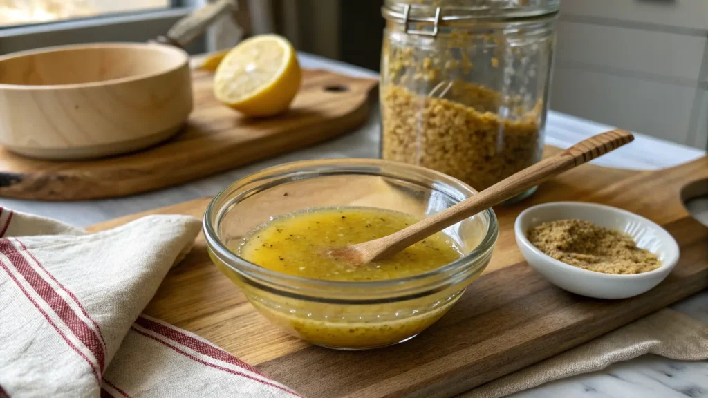 A bowl of homemade mustard vinaigrette being stirred with a wooden spoon