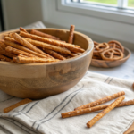 Golden, crispy pretzel sticks in a rustic wooden bowl on a linen napkin