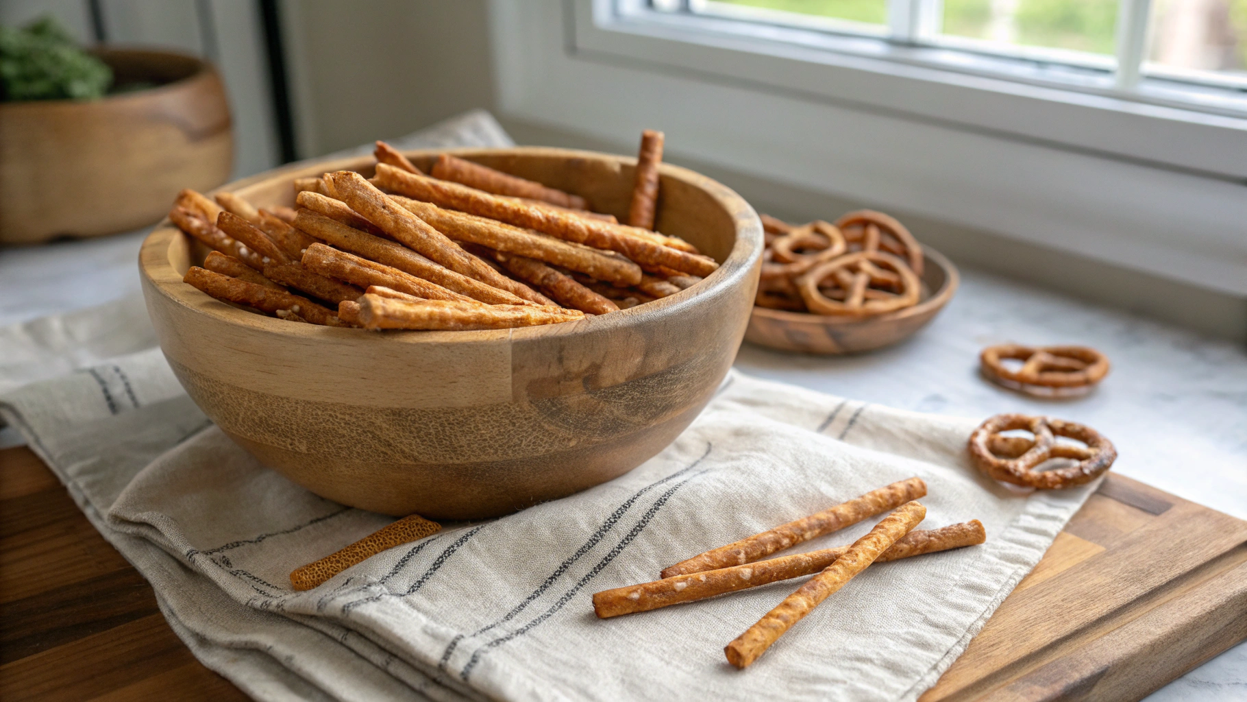 Golden, crispy pretzel sticks in a rustic wooden bowl on a linen napkin