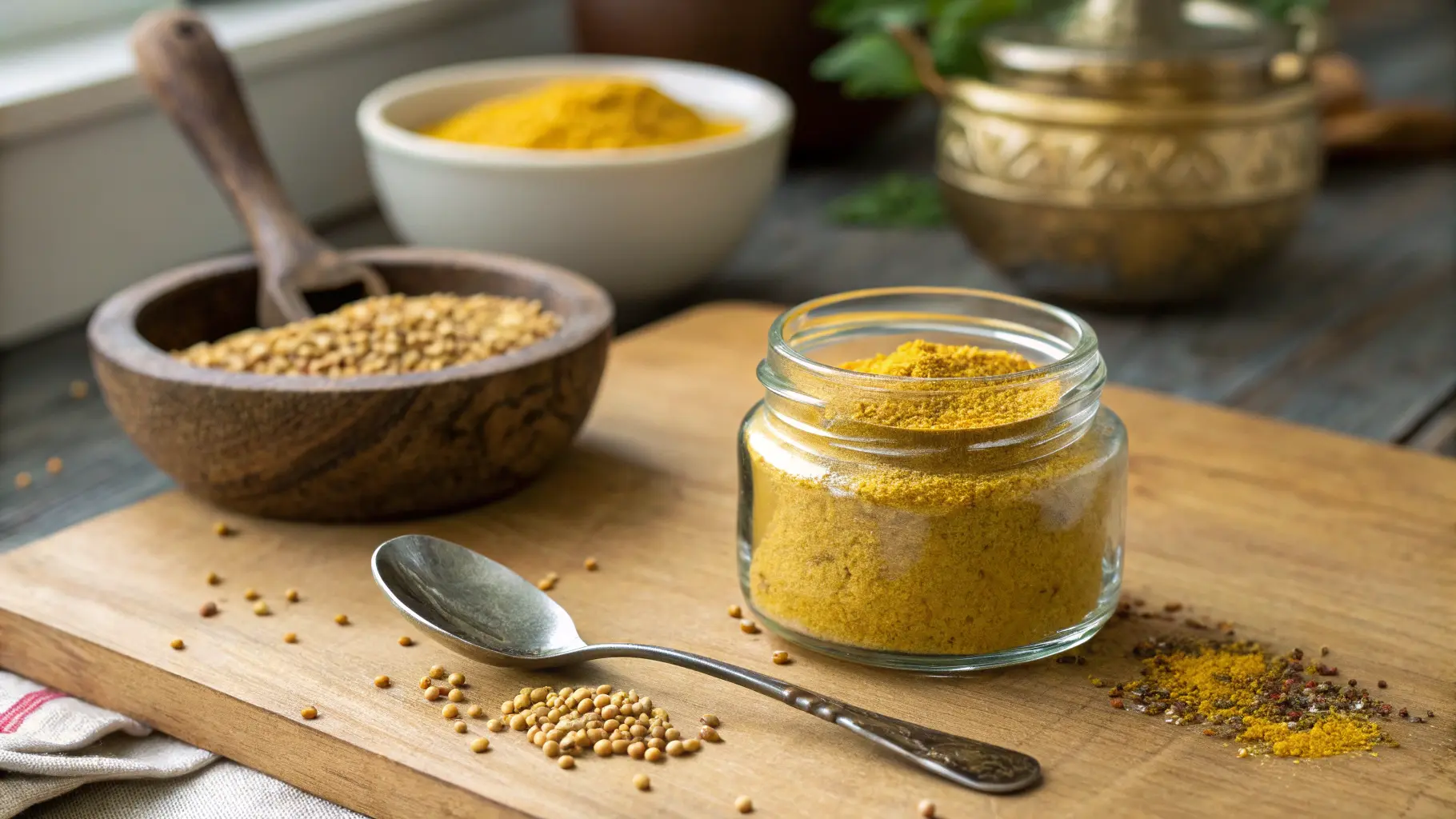 A jar of ground mustard powder with a teaspoon on a wooden kitchen counter