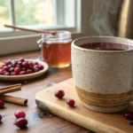 A steaming mug of homemade cranberry tea with fresh cranberries and cinnamon on a rustic kitchen counter