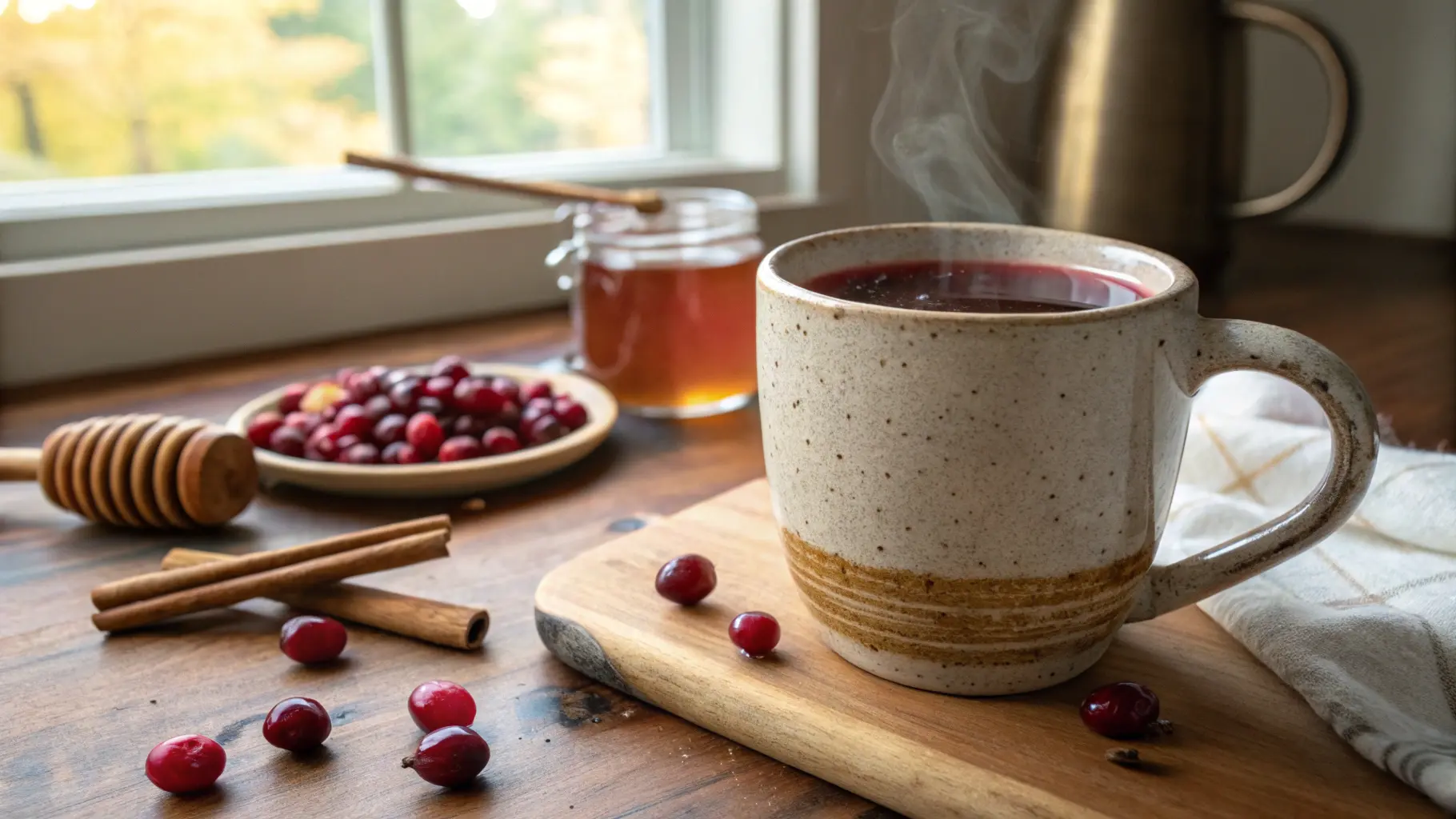 A steaming mug of homemade cranberry tea with fresh cranberries and cinnamon on a rustic kitchen counter