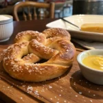 A homemade Mickey Mouse-shaped pretzel sprinkled with salt, served with cheese sauce and mustard on a wooden cutting board