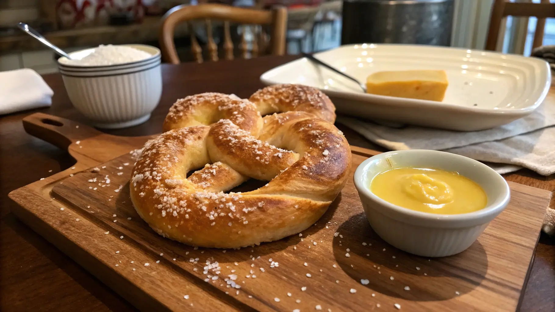 A homemade Mickey Mouse-shaped pretzel sprinkled with salt, served with cheese sauce and mustard on a wooden cutting board