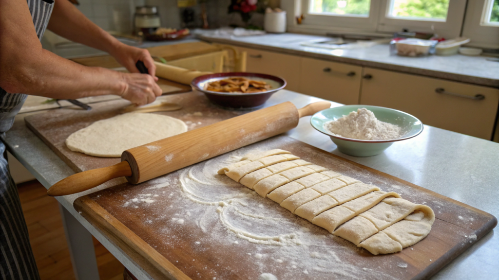 Homemade pretzel dough being shaped into sticks on a wooden countertop