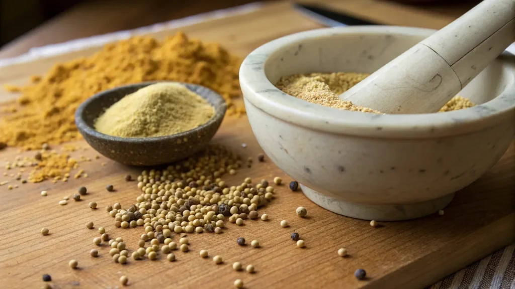 Mustard seeds being ground into powder using a mortar and pestle