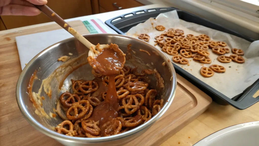 Pretzels being mixed with warm butter toffee sauce in a large bowl for even coating.