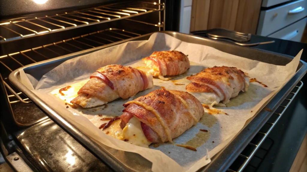 Bacon-wrapped stuffed chicken breasts baking in an oven, with crispy bacon edges