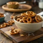 Golden butter toffee pretzels in a bowl on a wooden table with a warm, caramelized coating