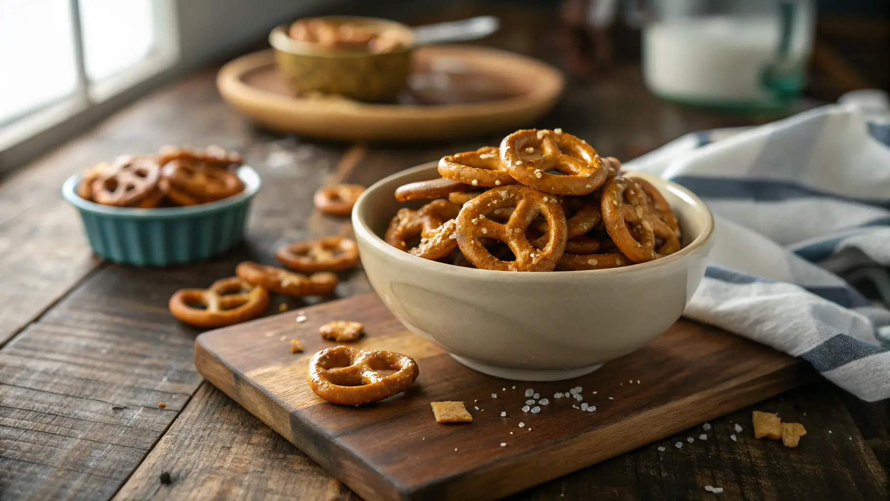 Golden butter toffee pretzels in a bowl on a wooden table with a warm, caramelized coating