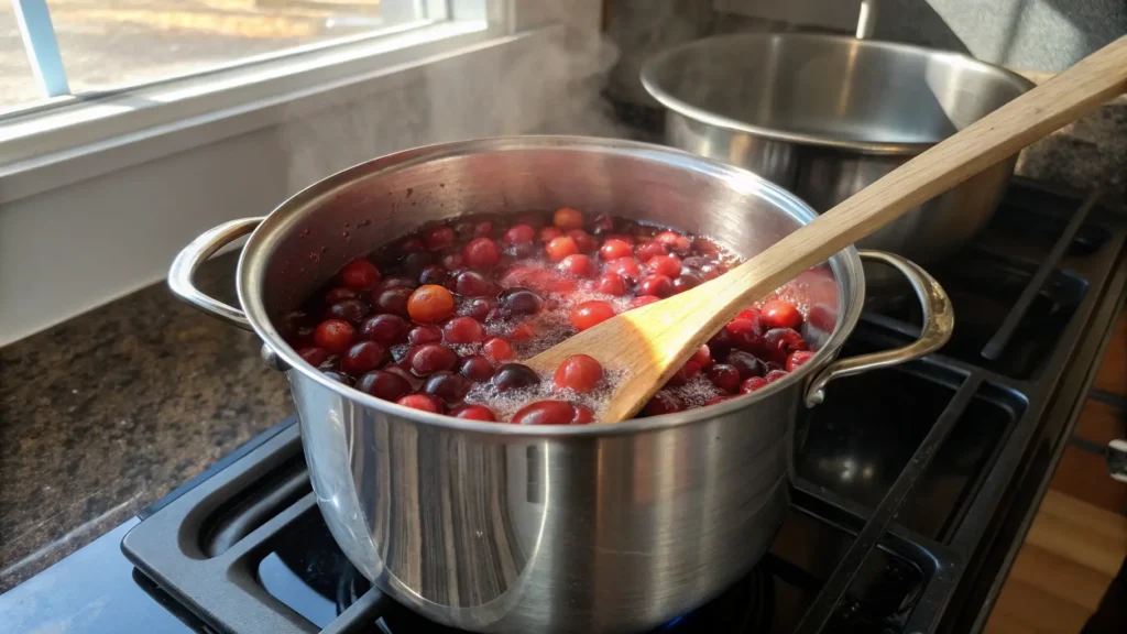 A simmering pot of fresh cranberries and water being stirred for homemade cranberry tea