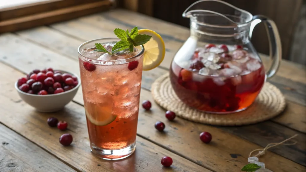 A refreshing glass of iced cranberry tea with ice cubes, fresh cranberries, and a lemon garnish