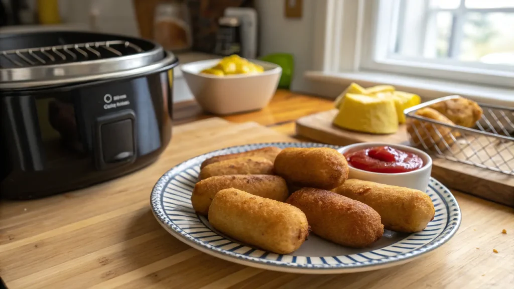 Golden brown mini corn dogs served on a plate with ketchup and mustard for dipping