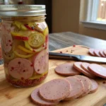 A jar of homemade pickled bologna with spices on a wooden kitchen counter