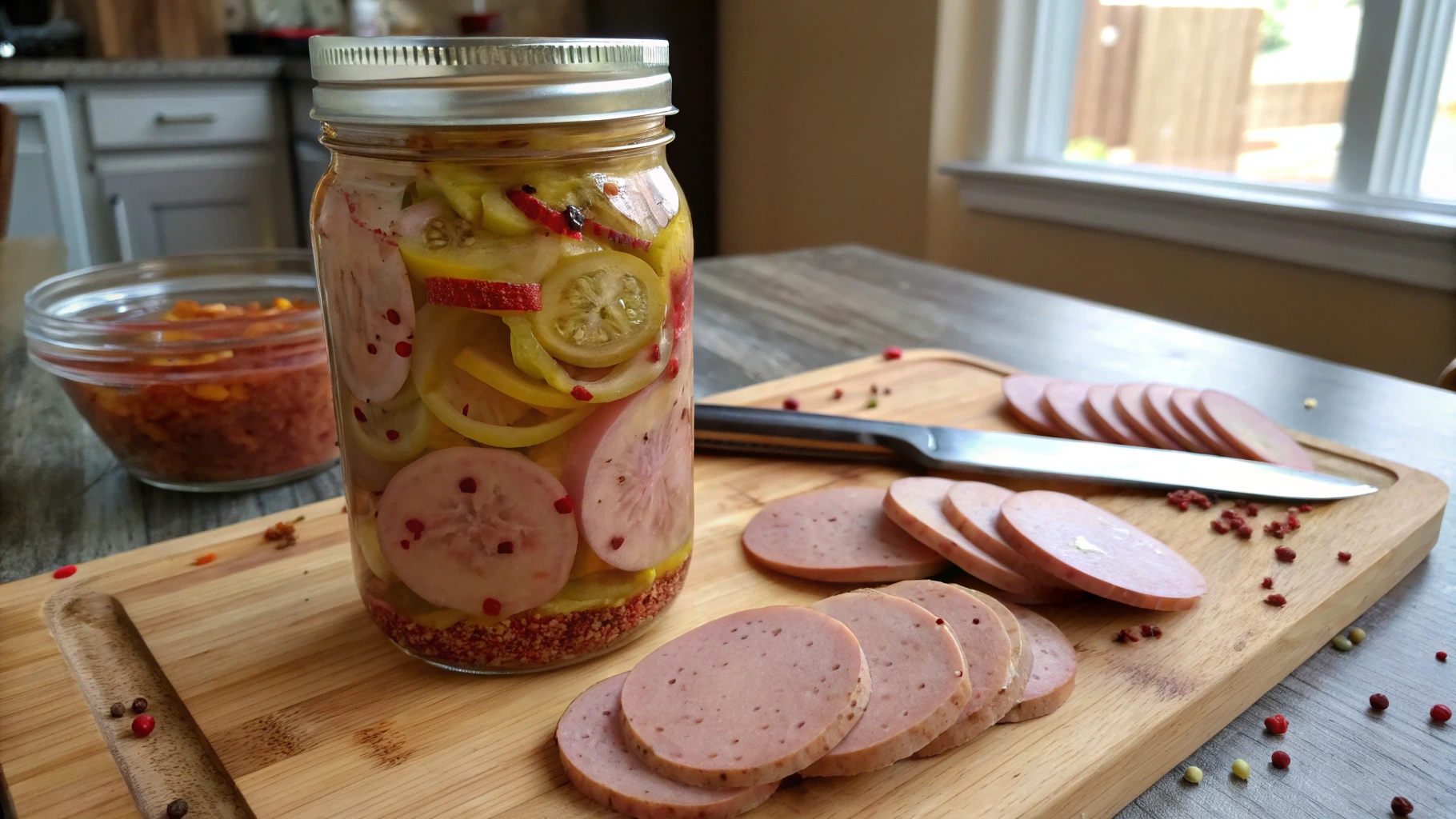 A jar of homemade pickled bologna with spices on a wooden kitchen counter