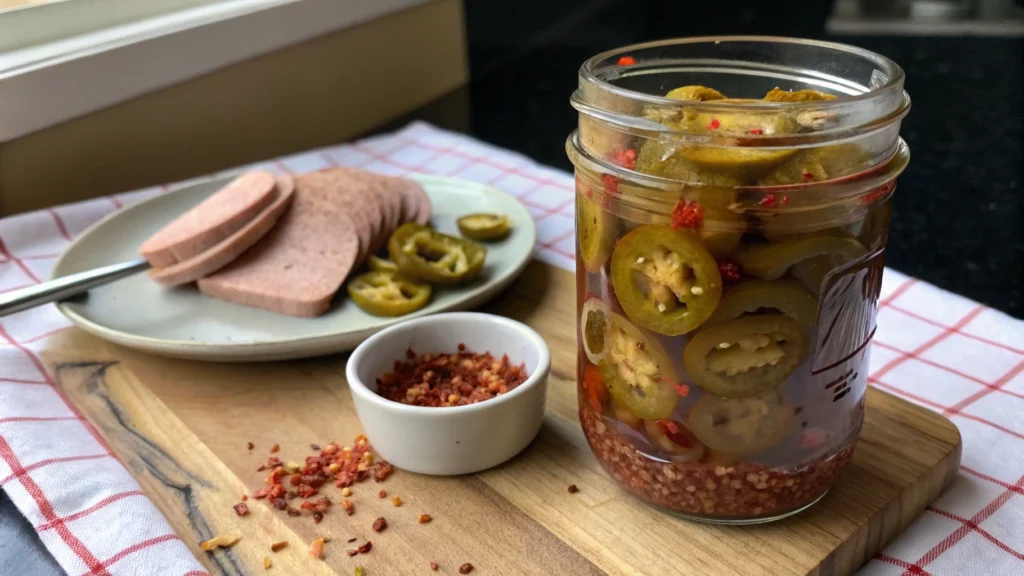 A jar of spicy pickled bologna with jalapeños and red pepper flakes