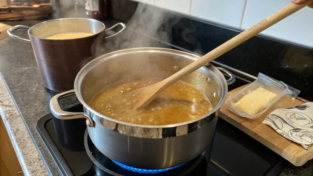 A saucepan of bubbling butter toffee sauce being stirred on the stovetop