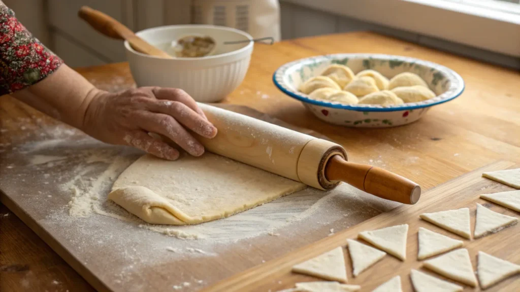 Crescent roll dough being unrolled on a wooden surface, ready for shaping