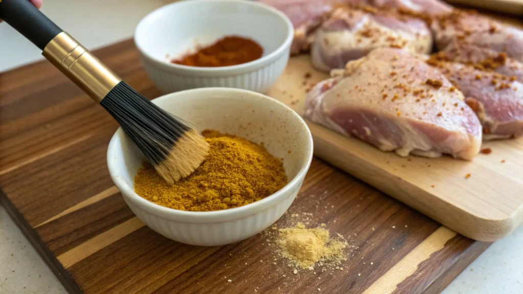 A homemade mustard spice rub being applied to raw chicken thighs