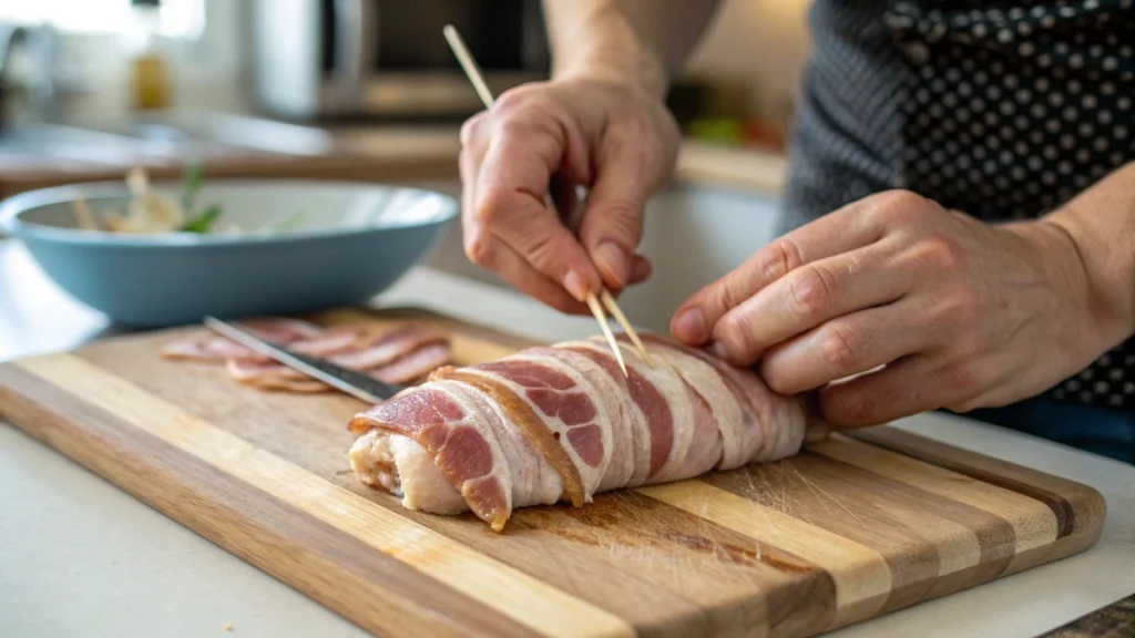 A home cook wrapping a chicken breast with bacon, securing it with toothpicks