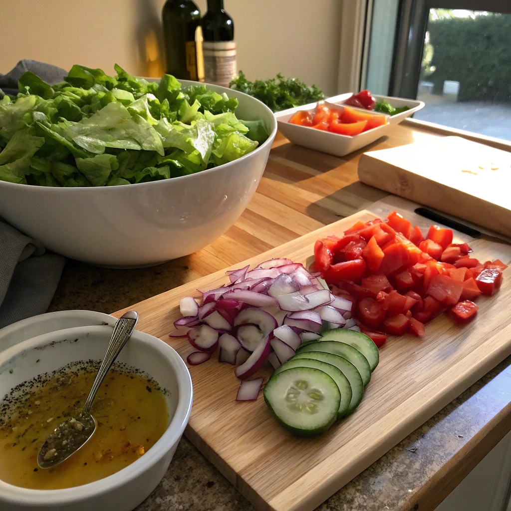 Fresh ingredients for a traditional Nancy Salade on a home kitchen counter.