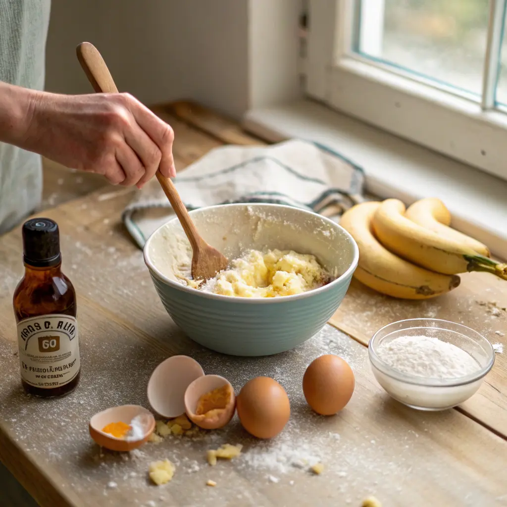 Mixing mashed bananas with Chobani Greek yogurt in a bowl