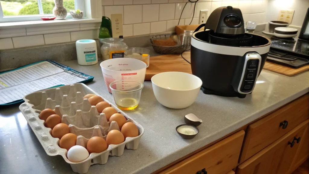 A kitchen counter with fresh eggs, ramekins, and an air fryer set up for making poached eggs