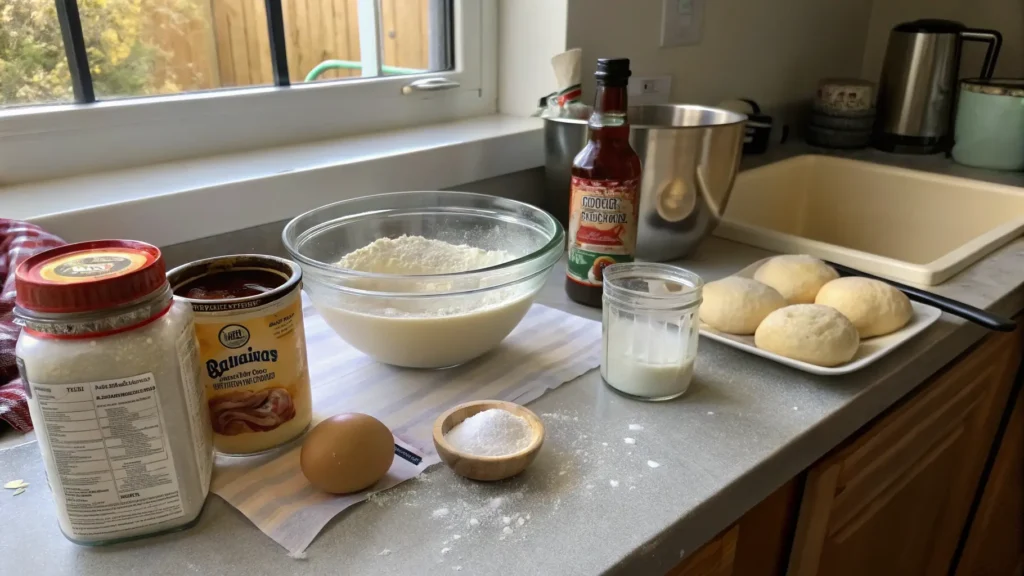 A kitchen counter with ingredients for pretzel hot dog buns, including flour, yeast, salt, and a pot of boiling baking soda water