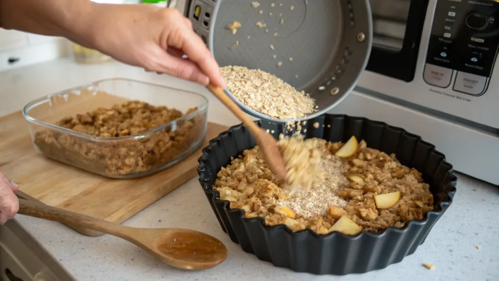 Pouring apple oatmeal mixture into a baking dish before placing it in the air fryer