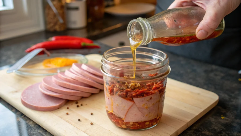 Hot pickling brine being poured over sliced bologna in a jar