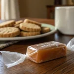 An unwrapped Sugar Daddy Candy resting on a wooden table with a coffee mug in the background