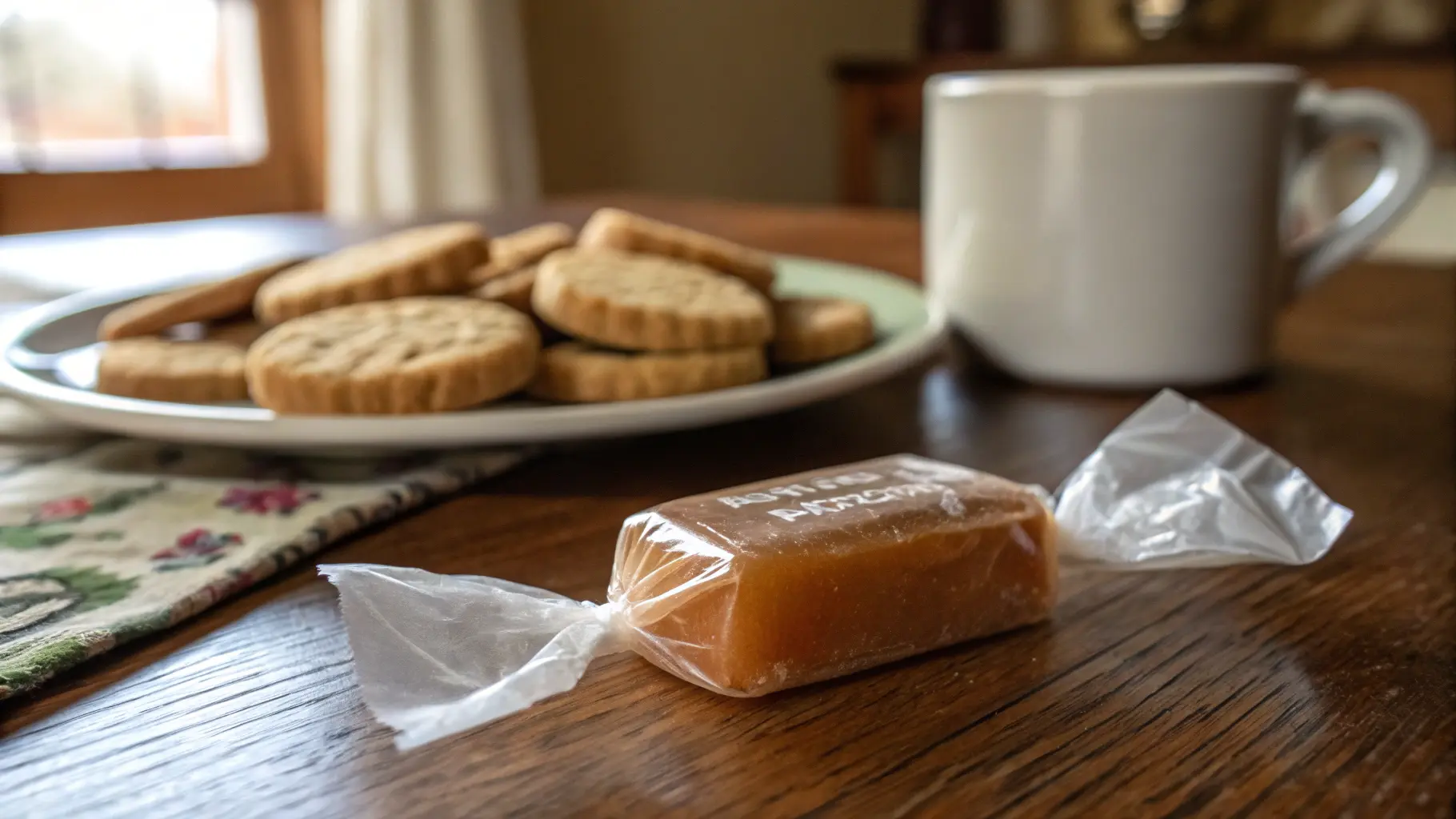 An unwrapped Sugar Daddy Candy resting on a wooden table with a coffee mug in the background