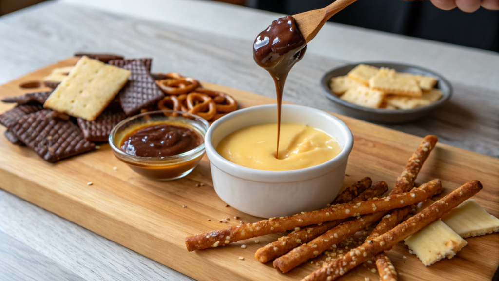 A pretzel stick being dipped into a bowl of melted cheese, with honey mustard and chocolate sauces nearby