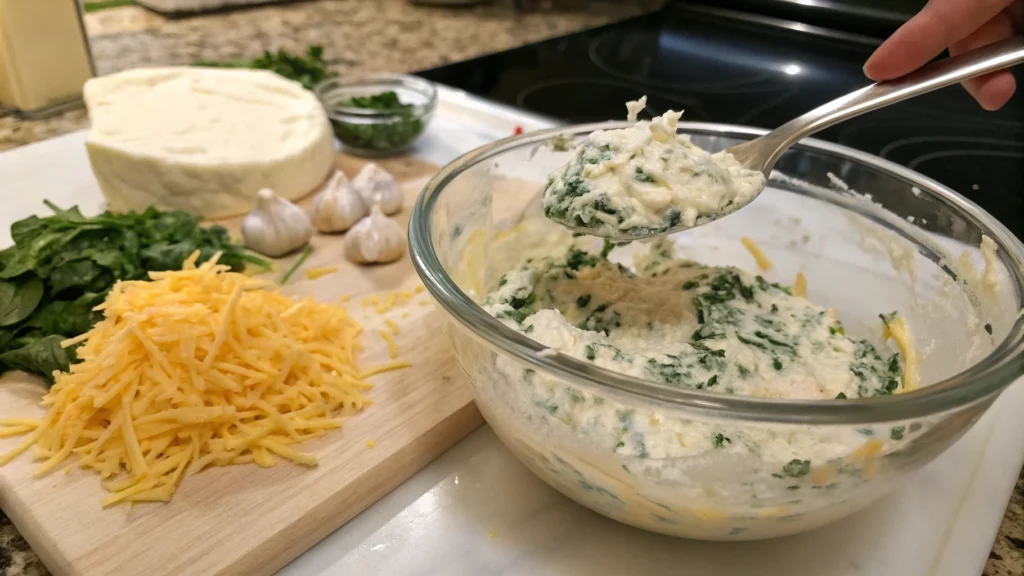 A creamy spinach and cheese stuffing mixture in a glass bowl