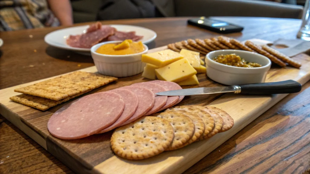 A charcuterie board with pickled bologna slices, crackers, and cheese