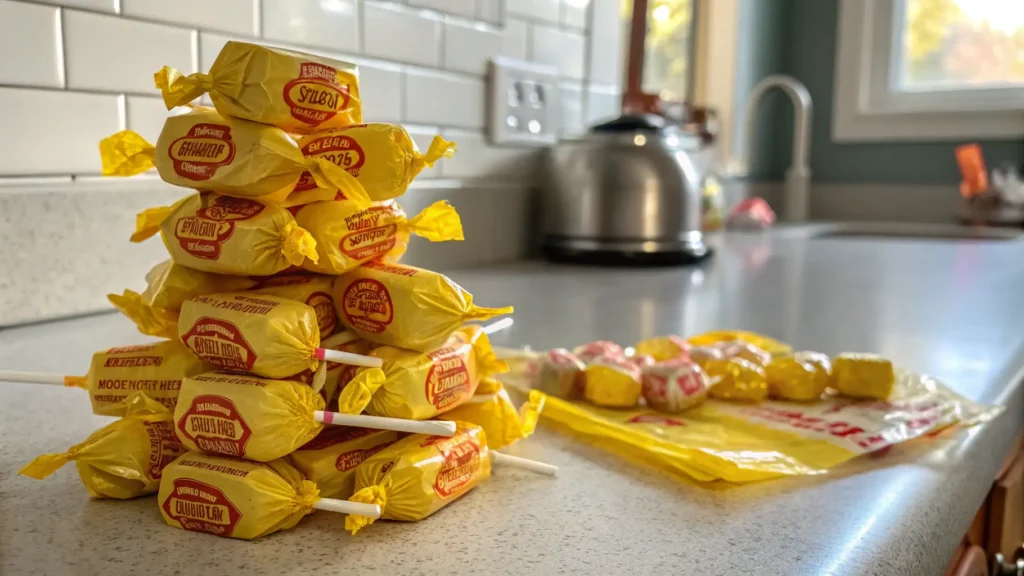 A stack of Sugar Daddy Candy pops in their yellow wrappers on a retro kitchen counter