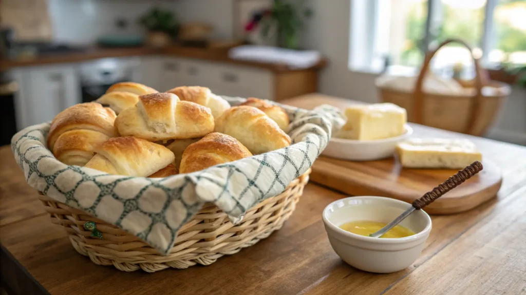 A basket of golden-brown air fryer crescent rolls on a wooden countertop, served with melted butter