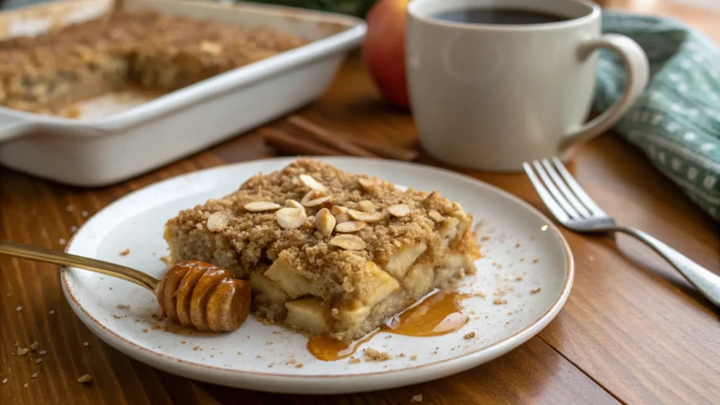 A slice of apple oatmeal bake on a white plate, drizzled with honey and cinnamon