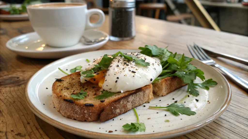 A perfectly poached egg on top of toasted sourdough bread, with a runny yolk and fresh parsley garnish